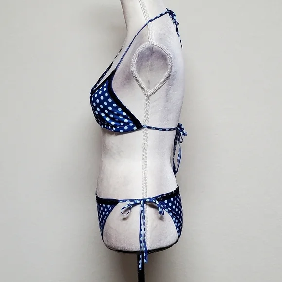 90s Vintage OOAK Handmade Blue Polka-dot Black Lace Side-Tie Triangle Bikini S - Picture 8 of 16